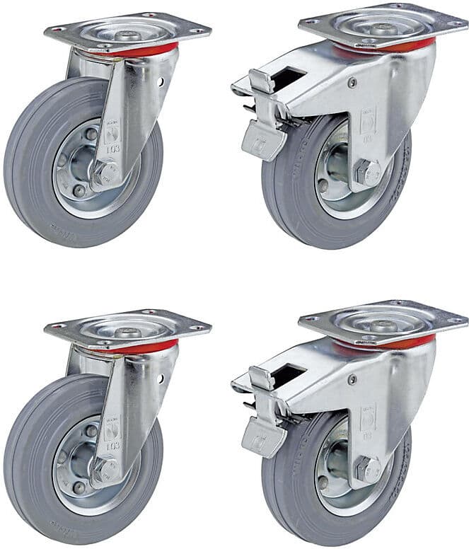Vollgummi-Reifen, Set-Angebot, 2 x Lenkrolle und 2 x Lenkrolle mit Doppelstopp, Rad-Ø x Breite 125 x 38 mm Wicke