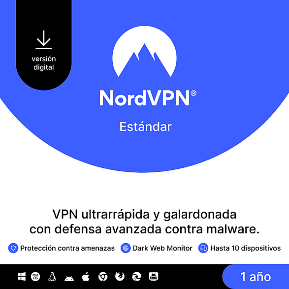 Tarjeta - NordVPN Estándar: 1 año de suscripción a VPN y software ciberseguridad para 10 dispositivos