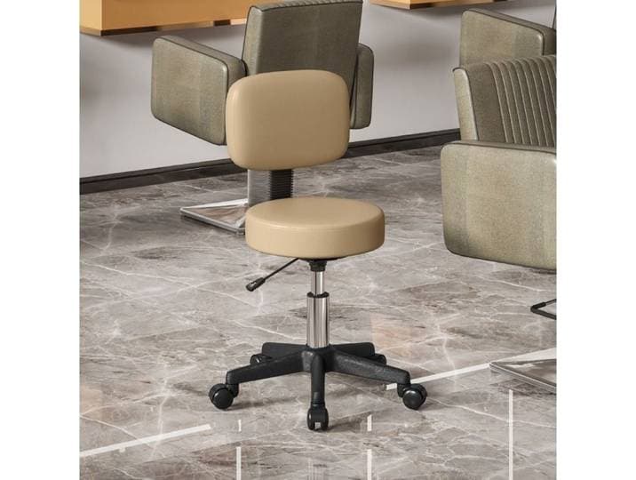 Tabouret à roulettes réglable en hauteur avec dossier 360° - MEUNIQ - base 5 roulettes simili cuir marron