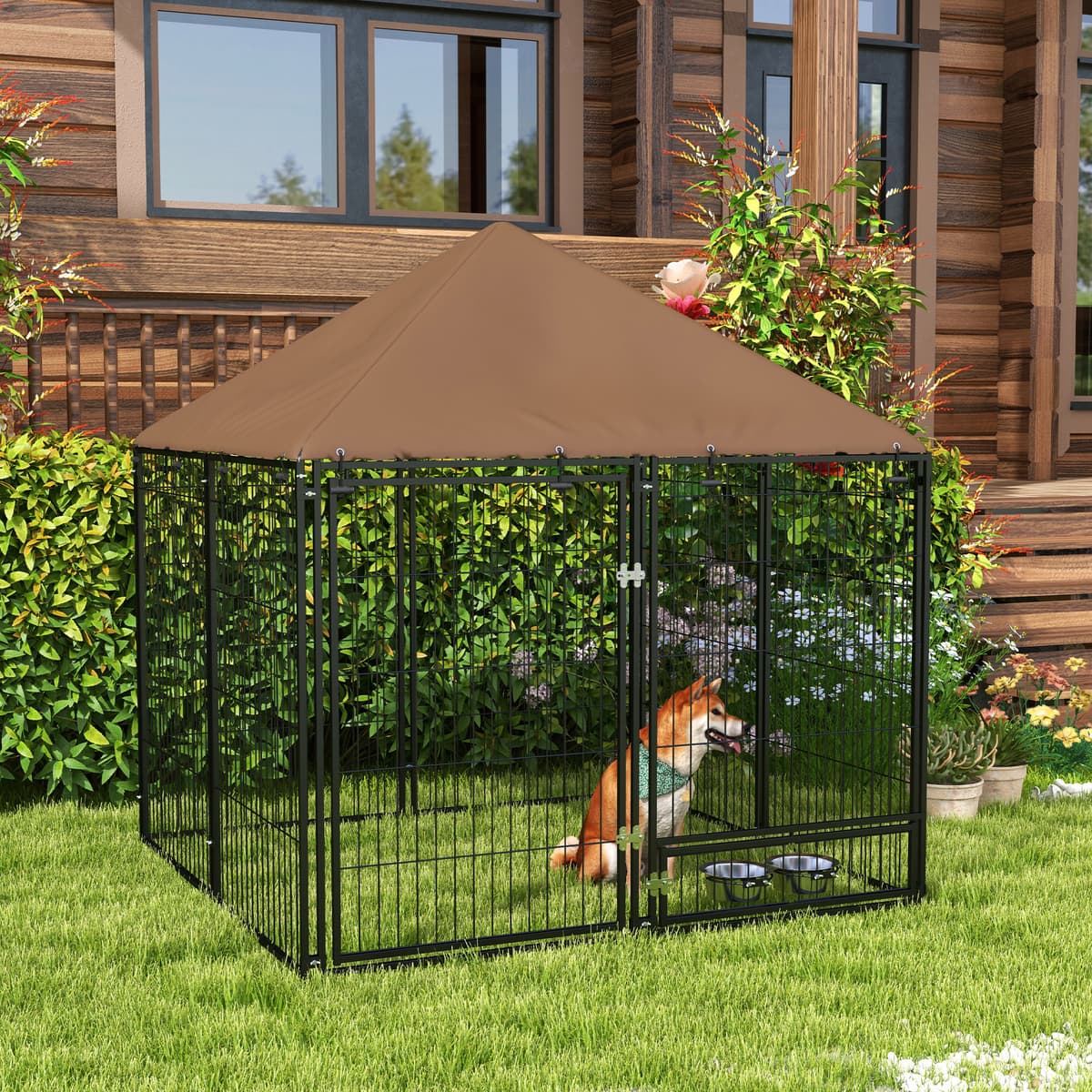 Pawhut Recinto per Cani in Metallo e Tessuto Oxford con Porticina per Ciotole, 141x141x151 cm, Nero e Marrone