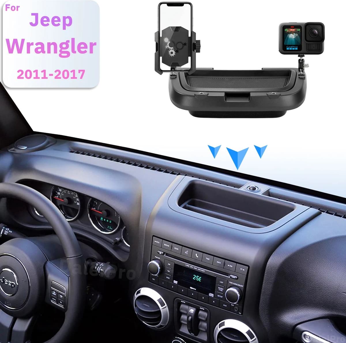 DaleiPro For Jeep Wrangler JK 2011-2014 2015 2016 2017 Double Phone Holder Car Double-layer Storage Box 360-degree Adjustable Phone Mount