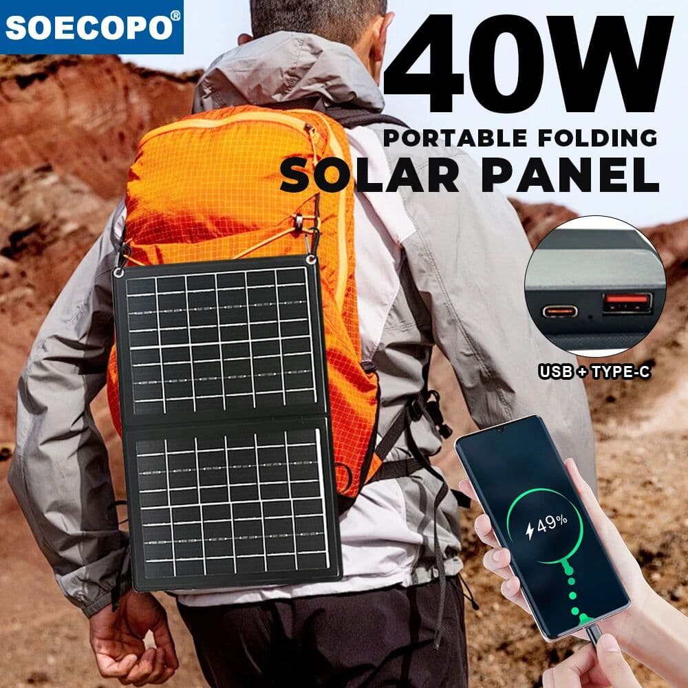 SOECOPO 40W Portable Outdoor Activities Foldable Solar Panel  Power Bank USB + Type - C Camping Charge Phone Practical 5V