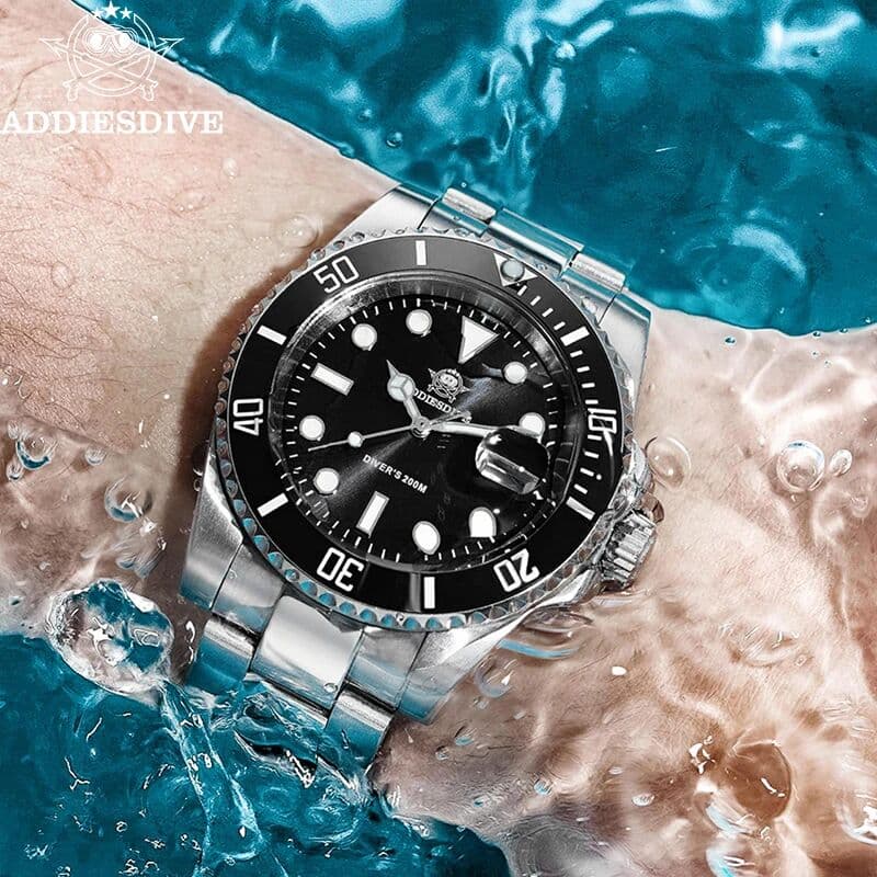 ADDIESDIVE Luminous Mens Quartz Watch Stainless Steel Ceramic Bezel Analog Watches 200m Waterproof Calendar Diving Wristwatches