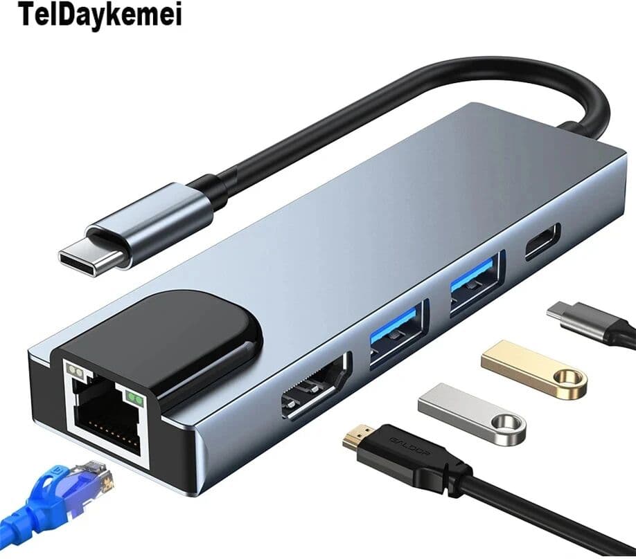 TelDaykemei 5 in 1 USB C Hub Type C To 4K HD Adapter with RJ45 Network 1000M Ethernet Lan Charger Port Adapter For Macbook Pro