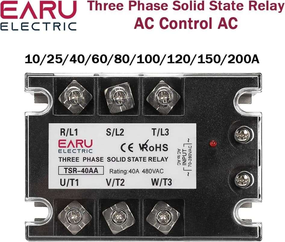 EARU Three Phase AC Control AC Solid State Relay Module SSR 10A 25A 40A 60A 80A 100A 120A 200A SSR 70-280VAC to 24-480VAC Heat Sink