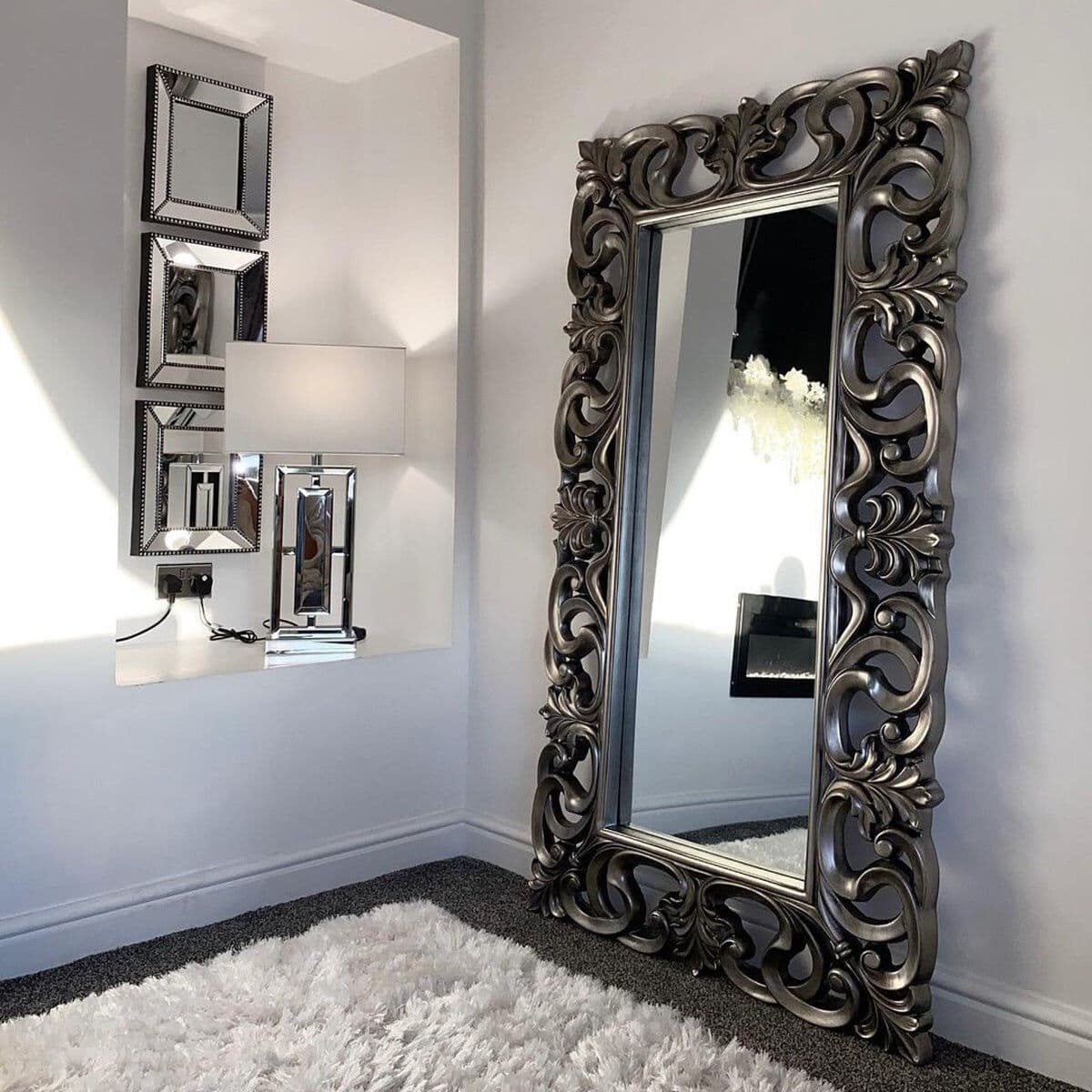 Large Baroque-style Silver Wall / Floor Mirror 90cm x 168cm Resin, Wood, Glass
