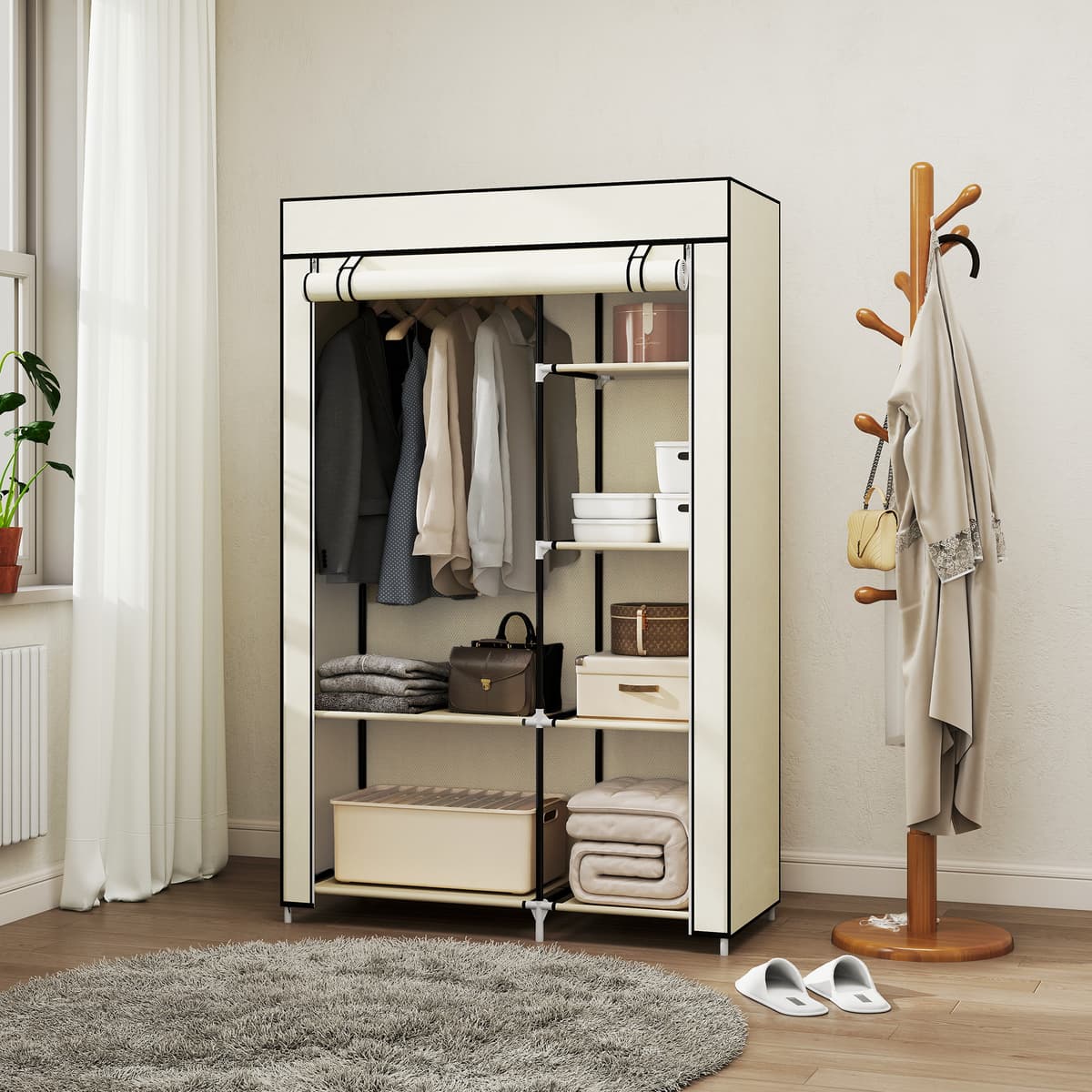 Homcom Armadio Guardaroba Portatile in Tessuto con 6 Ripiani Aperti e un Appendino, 103x43x162.5 cm, Crema   Aosom Italy