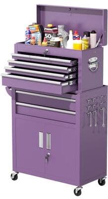 SUNCROWN 8-Drawer Rolling Tool Chest with Hooks and Lockable Wheels, Metal Storage Detachable Top Tool Box Set