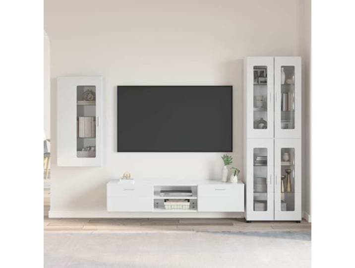 LPERTGFHU TV-Schrankset Florin 3 TLG. Holzwerkstoff Wohnwand Weiß Inklusive Highboard & Wandregal, Modernes Design, Einfache Wandmontage