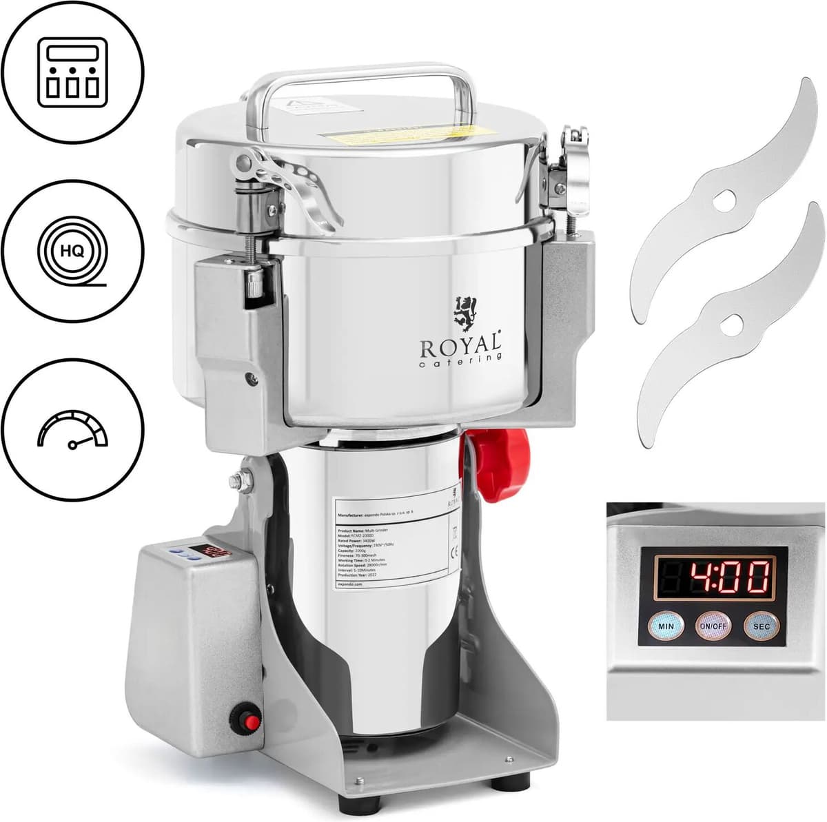 Elektrický mlynček na korenie - 2000 g - 21 x 9,5 cm - 3400 W - digitálny - Royal Catering 10012951