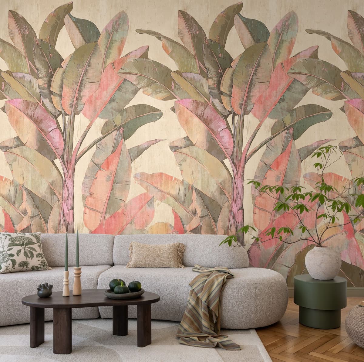 Vliestapete LIVING WALLS "Fototapete Tropische Palmenblätter erweiterbar", bunt (beige, grün, rosa), B:159m, Vlies, Tapeten