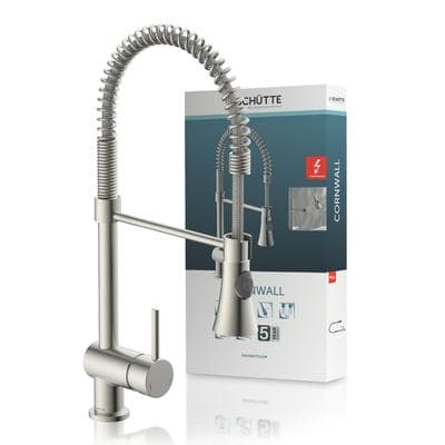 Spültischarmatur SCHÜTTE "Cornwall", grau (edelstahl), B:5,2cm H:52cm T:24cm, Kunststoff, Messing, Metall, Armaturen, Niederdruckarmatur, Edelstahl, Cold-Start, 2-Strahlbrause, schwenkbar