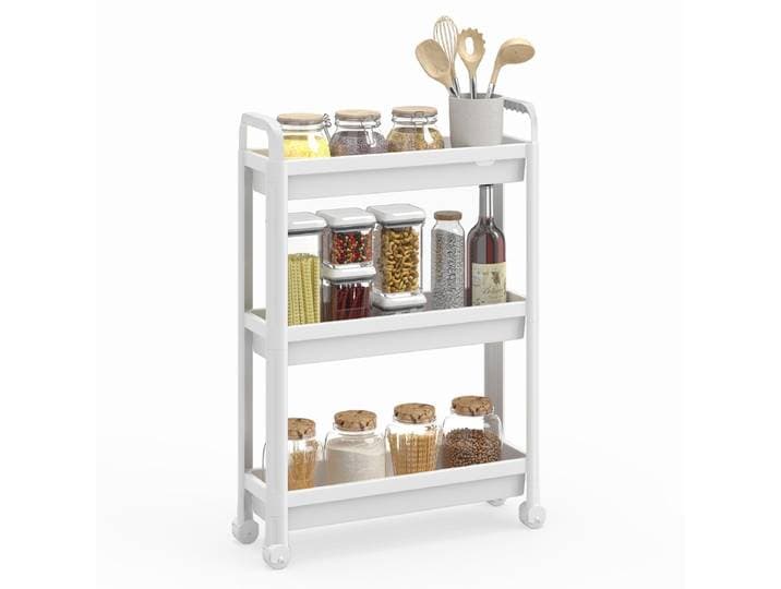 Smalle Rolwagen 3-/4-Traps Badkamerorganizer met Handgrepen en Wieltjes Multifunctionele Opbergwagen-Wit-3-laags