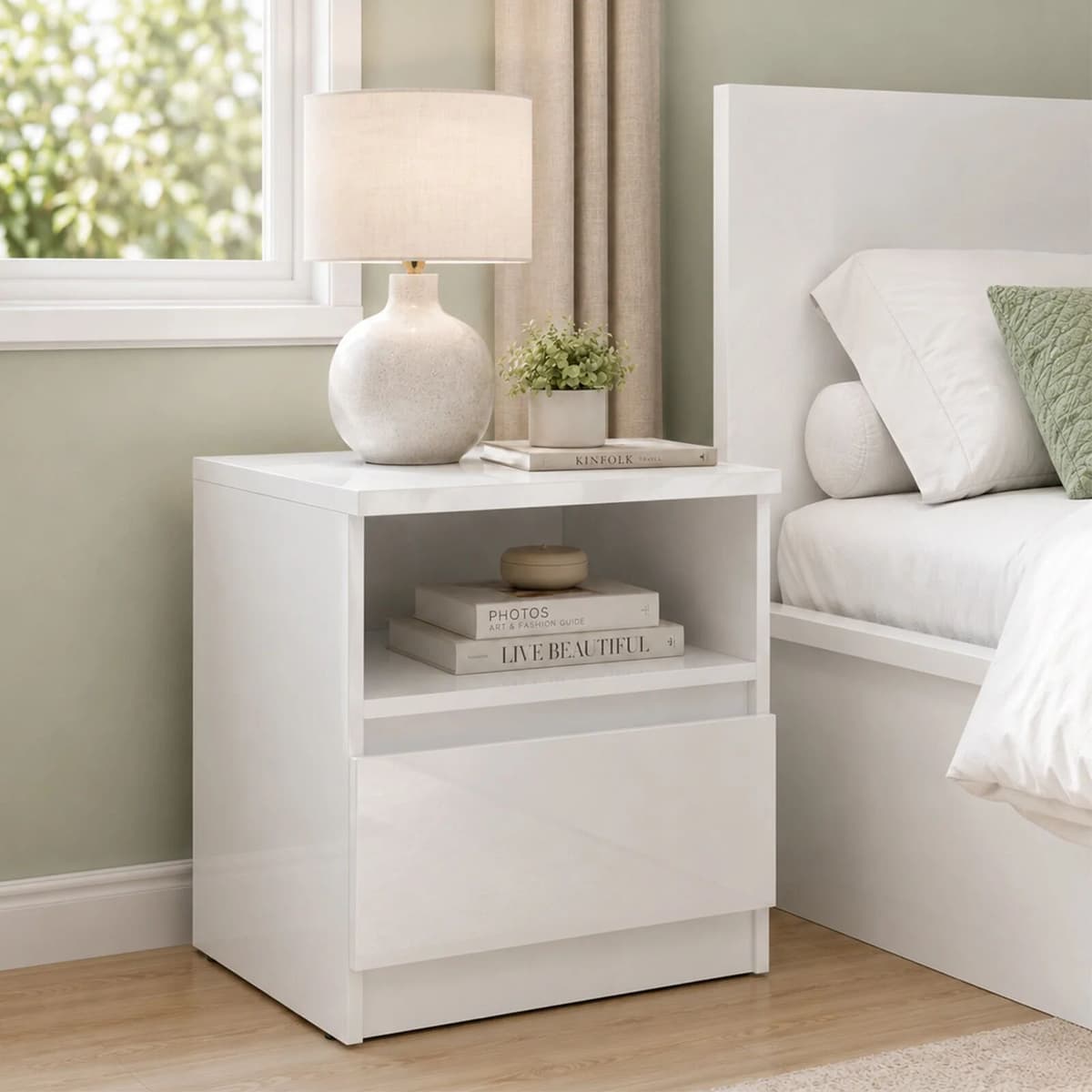 garneroarredamenti Comodino 45x51h cm 1 cassetto 1 vano a vista bianco lucido Krea