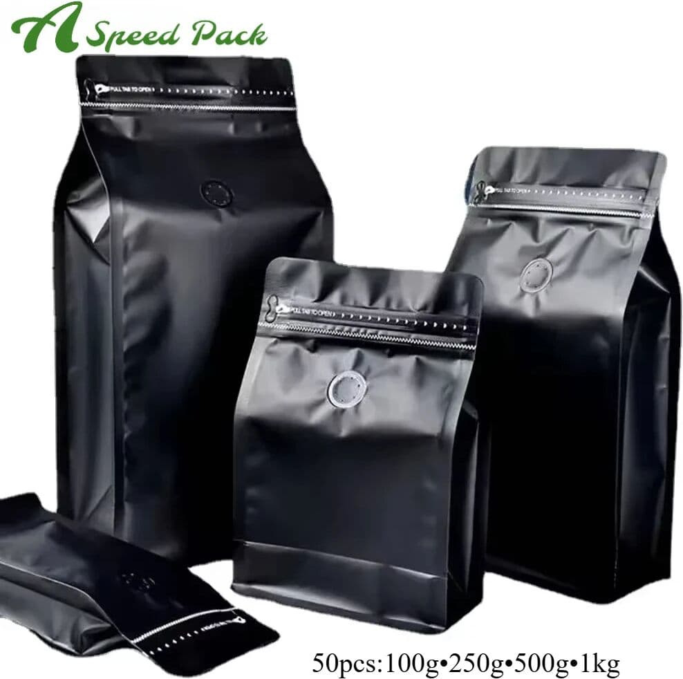 Aspeed pack 50pcs Matte Black 100g 250g 500g 1kg Roast Coffee Bean Powder Plastic Packaging Bags with Valve and Resealable Zipper