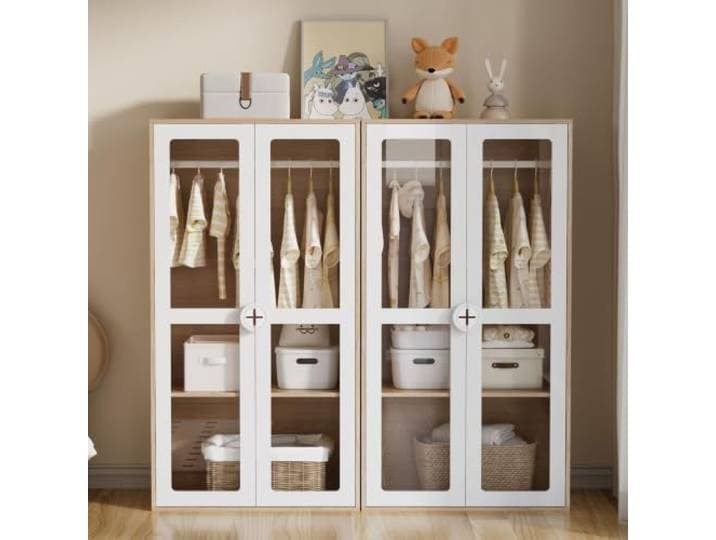 Fiednoy Kleiderschrank-Kombination mit 2 Schränken und Acryltüren, weiß 160x50x150cm Doppeltüriger Kinderkleiderschrank mit Metall-Kleiderstange und verstellbaren Regalen, für kleine Wohnungen