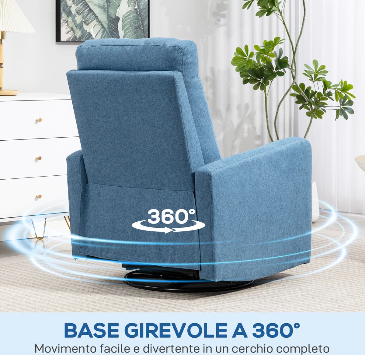 Altro Poltrona Relax Reclinabile Manualmente A 135°, Girevole A 360° Con Funzione Dondolo, Blu