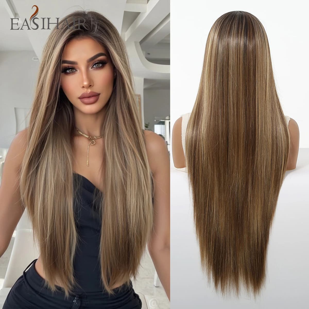 EASIHAIR Brown Blonde Highlights Straight Synthetic Wigs for Women Long Brown Lace Frontal Wigs 30in Natural Hair Heat Resistant