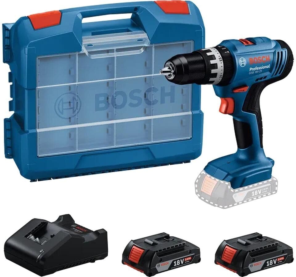 Akku-Schlagbohrschrauber BOSCH PROFESSIONAL "GSB 18 V-25", blau, B:73mm H:211mm L:207mm, Bohrmaschinen, Akku-Schlagbohrschrauber, Mit 2 Akkus und 1 Ladegerät blau Einheitsgröße