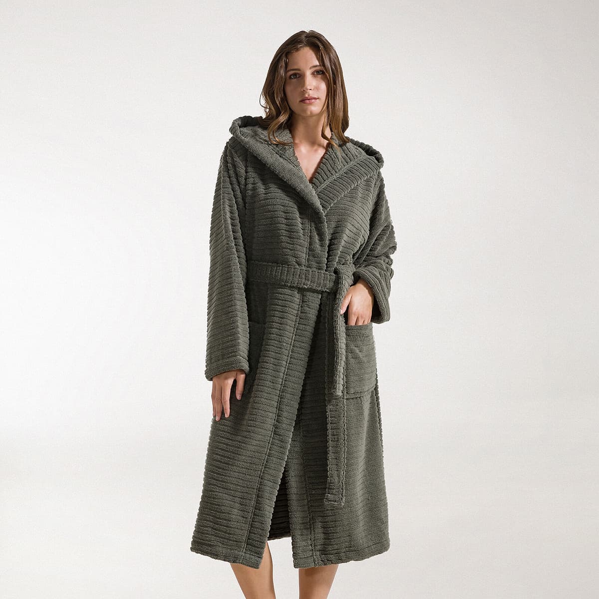Accappatoio con Cappuccio in Cotone Stripe S Spugnissima Tinta Unita Antracite Caleffi