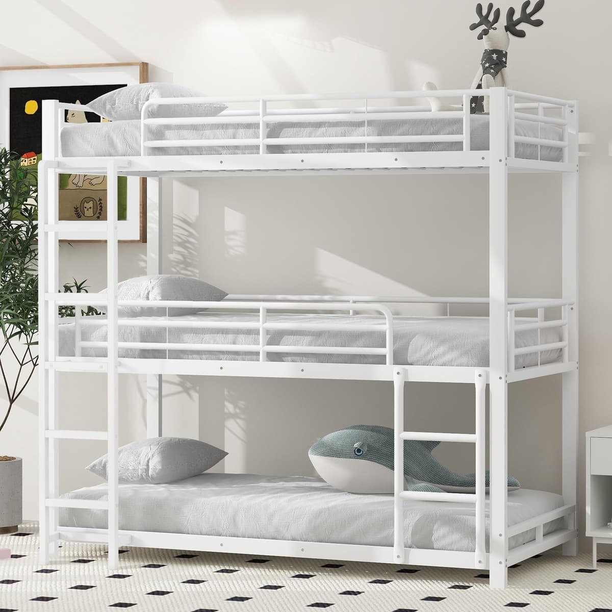 90x200cm Bettgestell Metallbett, Etagenbett, Eisenbett, Dreifach-Etagenbett für Kinder, Jugendliche und Erwachsene, Weiß