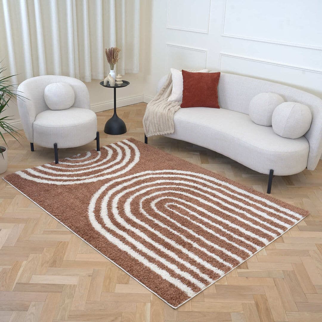 THE RUGS Moodi Modern Shaggy Area Rug Abstract Line Design Off-White/Terra Rectangle 160 x 230 cm