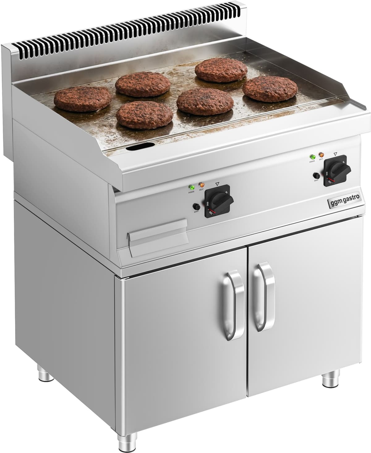 GGM Gastro Elektrische bakplaat - hardverchroomde plaat - 8kW - Glad - Bakoppervlak: 795x535mm - met onderbouw met 2 deuren zilver