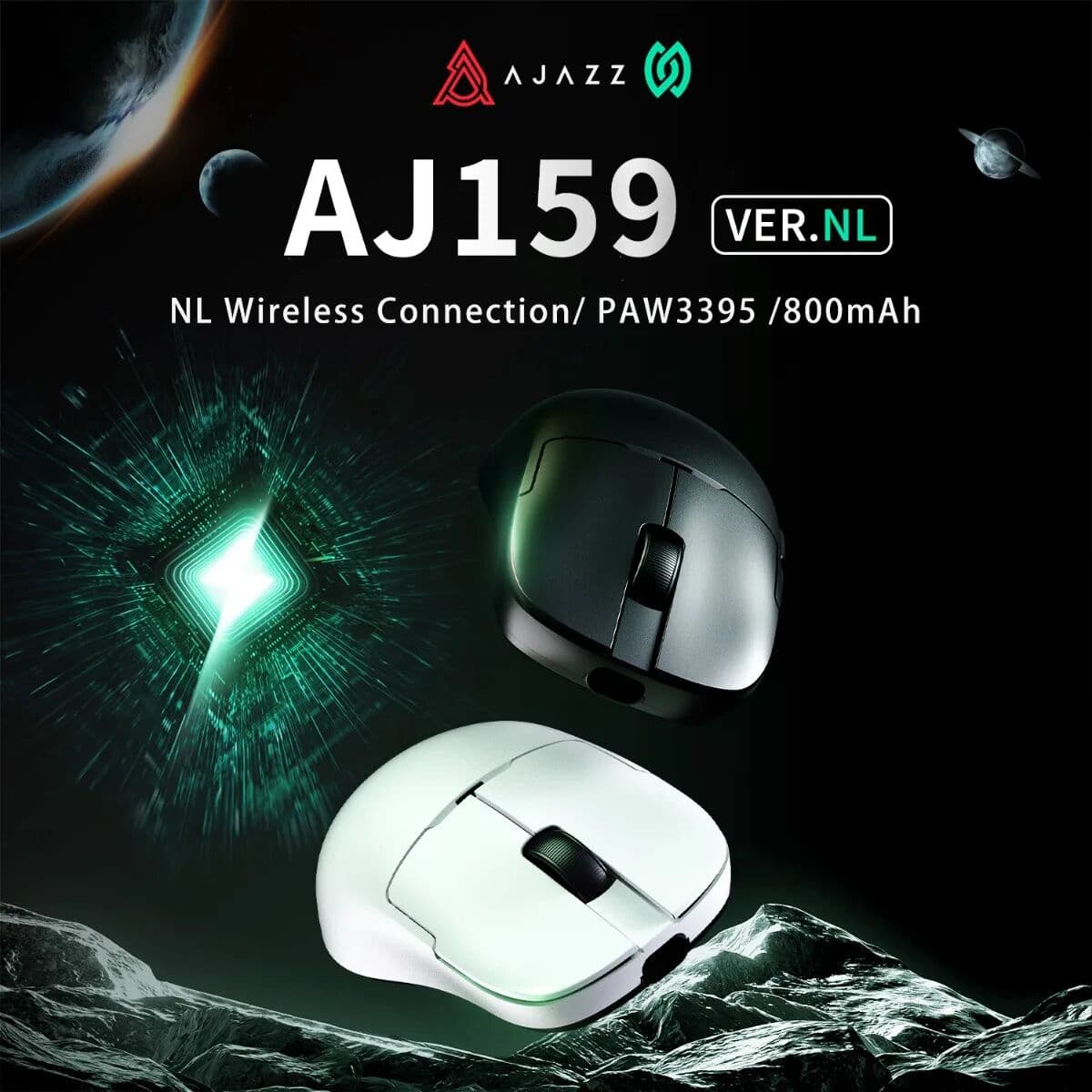 AJAZZ AJ159 NL Wireless Mouse, Tri-Mode Connection, Enhanced 2.4G, 800mAh Long-Lasting Battery, PAW3311/PAW3395 Sensor, 26000 DPI, Lightweight for Gaming & Office, Black/White