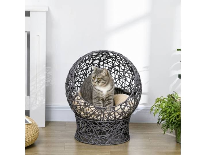 Lit pour chat 50x50x60cm, 2 paniers en rotin avec coussin moelleux, maison respirante pour chaton d'intérieur, anthracite