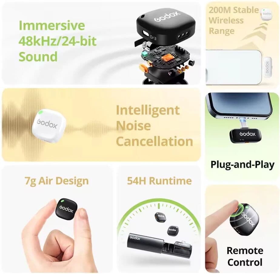 NONE Godox C01 Wireless Lavalier Microphone with 48kHz/24bit Audio & 200m Range for Yutube Vlogging Photography Microphone 7g
