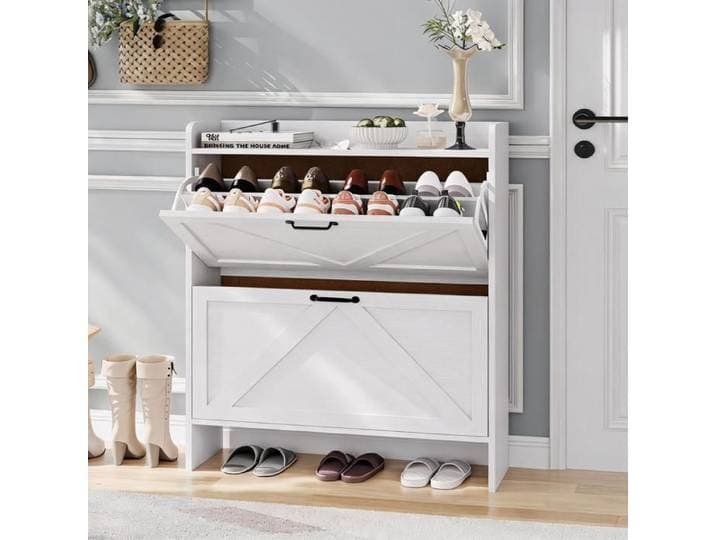 JoyGarden Armoire à chaussures étroite 2 tiroirs pivotants Blanc rangement 16 paires avec étagère réglable pour entrée couloir
