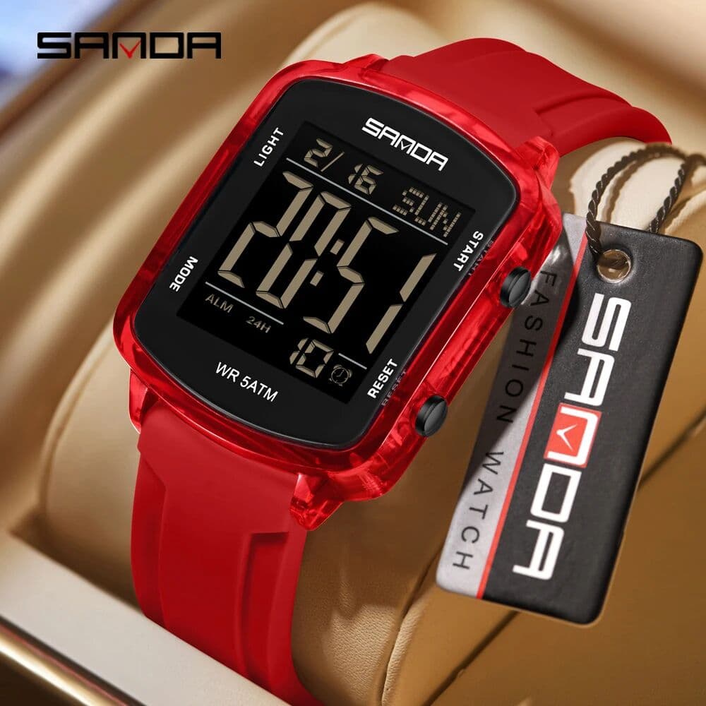 SANDA 6351 Business Student Fashion Transparent Electronic Watch, 5ATM Waterproof Night Light Multifunctional