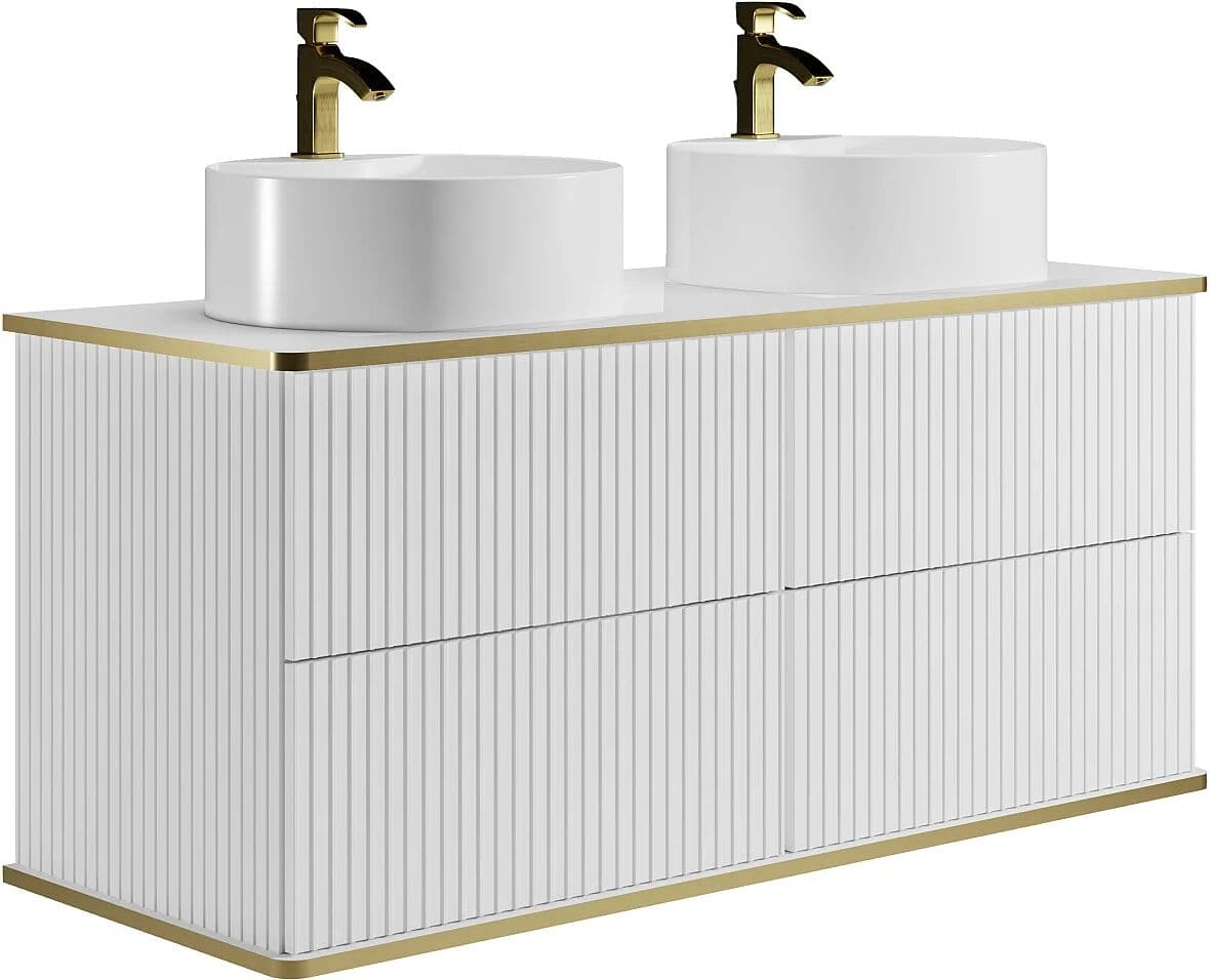 Vente-unique Meuble de salle de bain suspendu strié liseré doré avec double vasque à poser ronde - Blanc - 120 cm - KELIZA