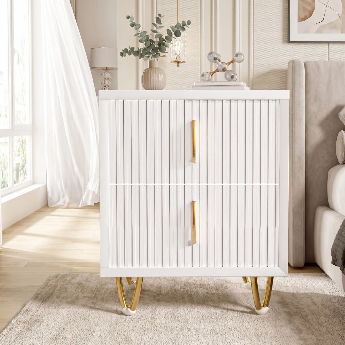 NONE Fluted Nightstand,40cm Morden Bedside Table with Gold Handle,Small White Night Stand,End Table,Bedside Furniture,Side Table with 2 Drawers for Bedroom,Living Room