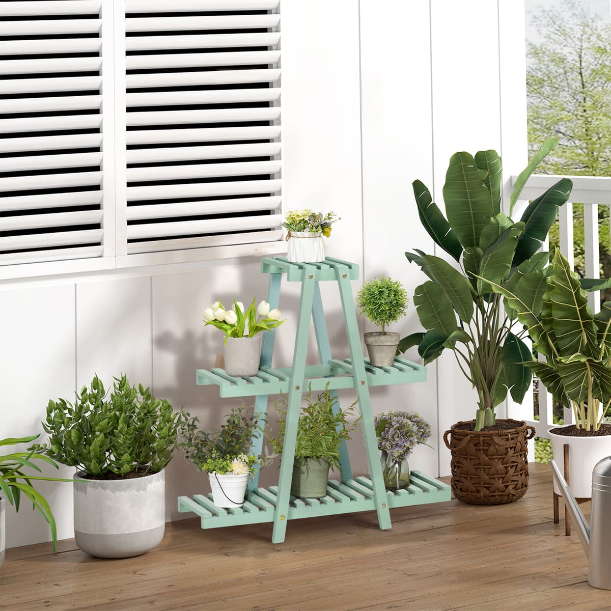 Outsunny Portapiante a 3 Livelli in Legno di Abete per Interni ed Esterni, 76x26x76 cm, Verde Chiaro Aosom