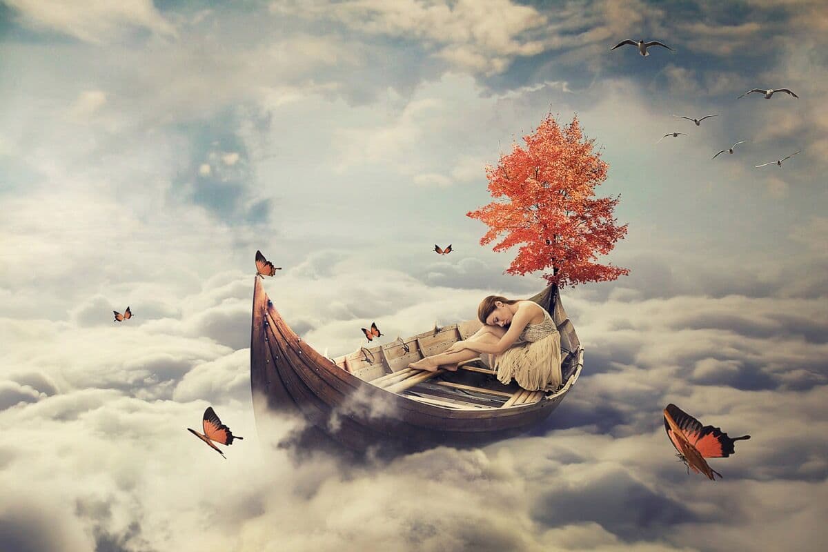 Fototapete PAPERMOON "SURREAL-HERBST SCHMETTERLINGE WOLKEN HIMMEL WANDTAPETE", bunt, B:1,5m L:1,11m, Vlies, Tapeten, Fototapete bunt B/L: 1,5m x 1,11m, Bahnen: 7 Stk.