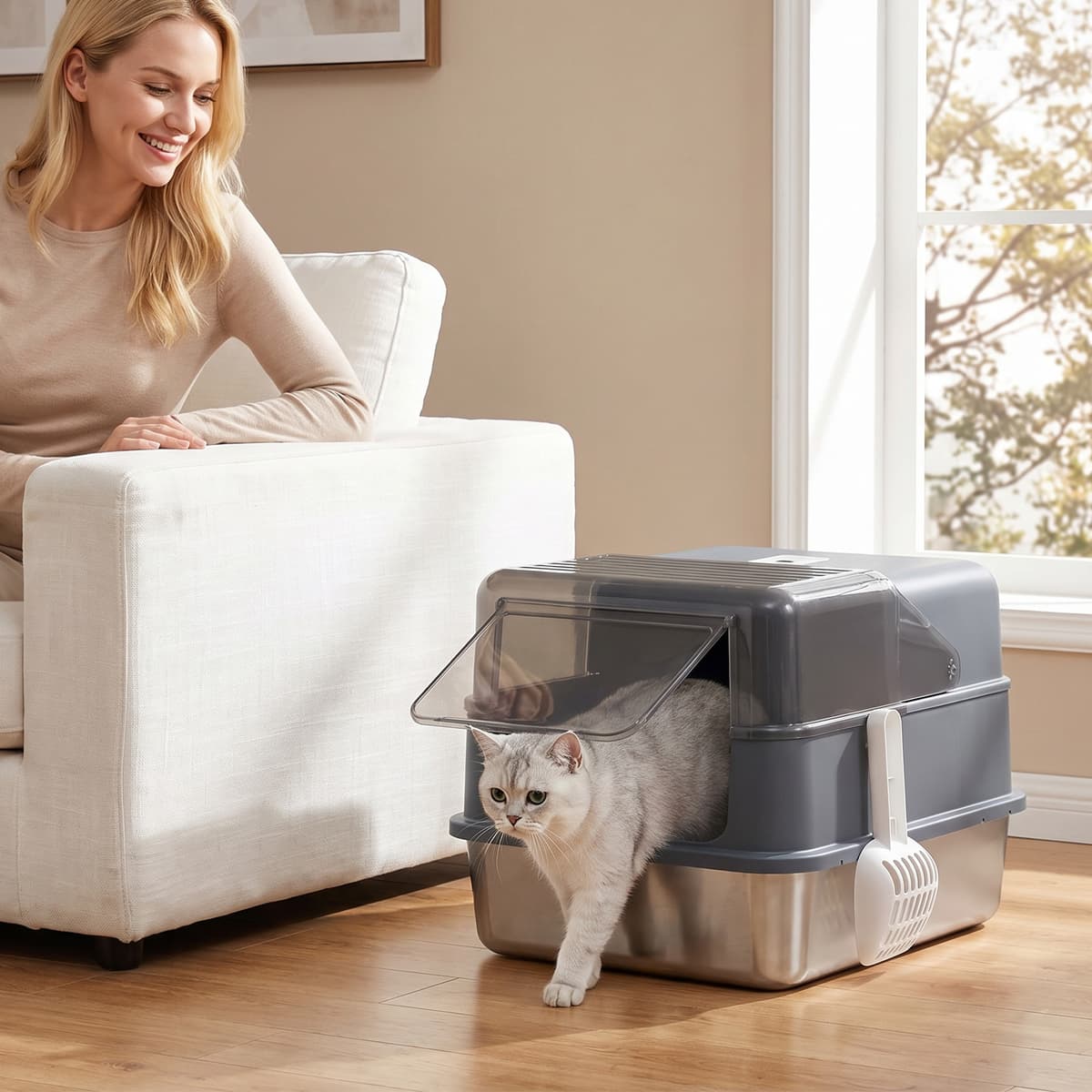 Pawhut Lettiera per gatti 2 in 1 in acciaio inox, coperchio rimovibile, bordo alto e paletta, grigio   Aosom Italy