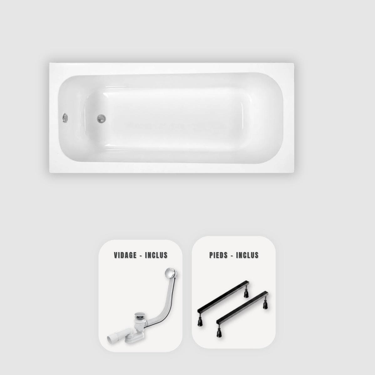 Weiße rechteckige Slim-Badewanne 180x80 cm - Ablaufgarnitur Chrom + Füße - OPTIKA