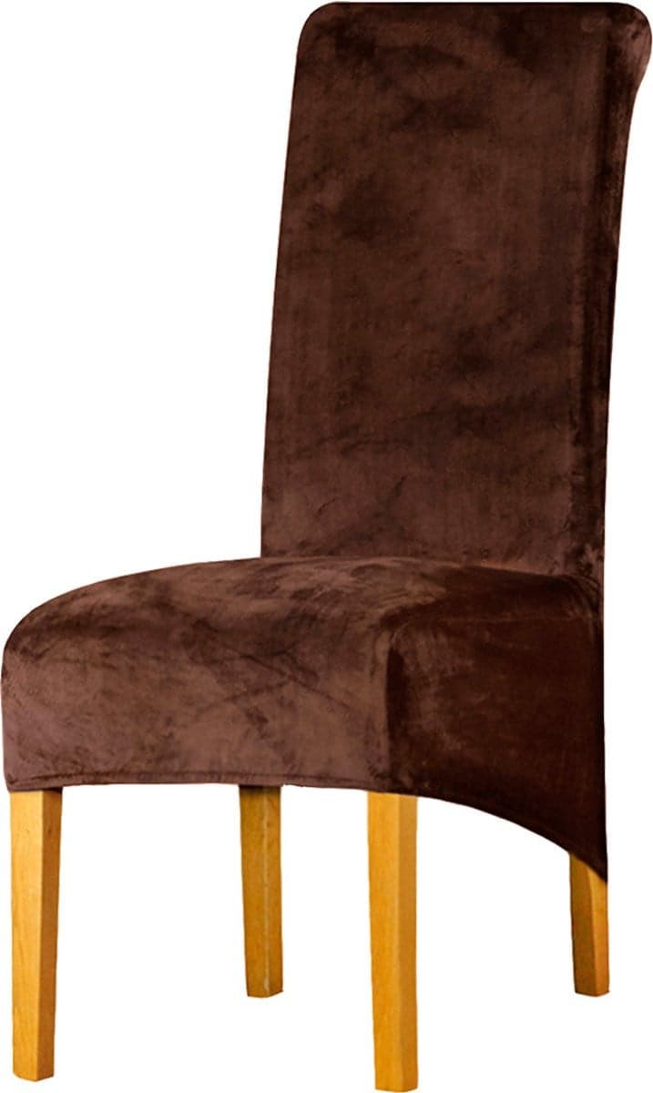 Set van 6 luxe fluwelen stretch stoelhoezen voor eetkamerstoelen met hoge rug, donkerbruin, maat XL