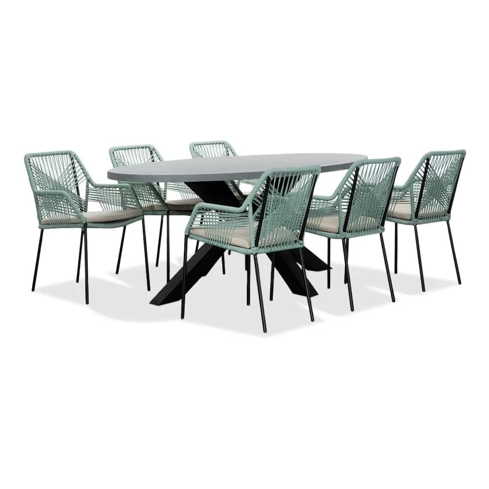 Stockholm/Seville mint eettafelset voor 6 personen met betonlook en touw, 200 cm ovaal