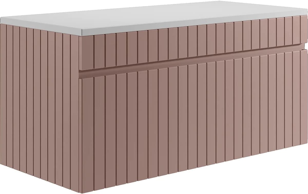 Vente-unique Meuble sous vasque suspendu strié rose avec planche - 100 cm - SATARA