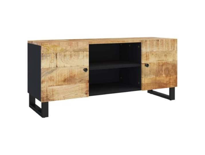 KGFHERENB TV-Schrank 105x33x46 cm Massivholz Mango Lowboard Vier offene Ablagefächer und stabiles Eisengestell für Ordnung im Wohnzimmer im urbanen Industrie-Look.