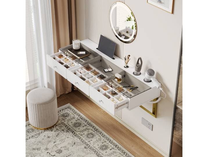 Table de maquillage blanche suspendue 120×40×45cm, coiffeuse avec 3 tiroirs, plateau en verre, support pour tablette et porte-gobelet (sans miroir LED)