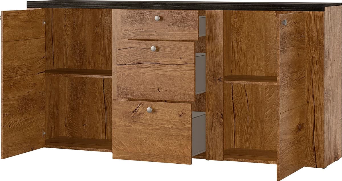 Sideboard GOODPRODUCT "Larona, zeitlose Kommode mit 2 Türen, 3 Schubkästen, Türkommode", braun (eichefarben lefkas, schwarzwood), B:176cm H:85cm, Sideboards, Sideboard, Höhe 84 cm, viel Stauraum, Anrichte mit dekorativer Rahmenoptik eichefarben lefkas, sc