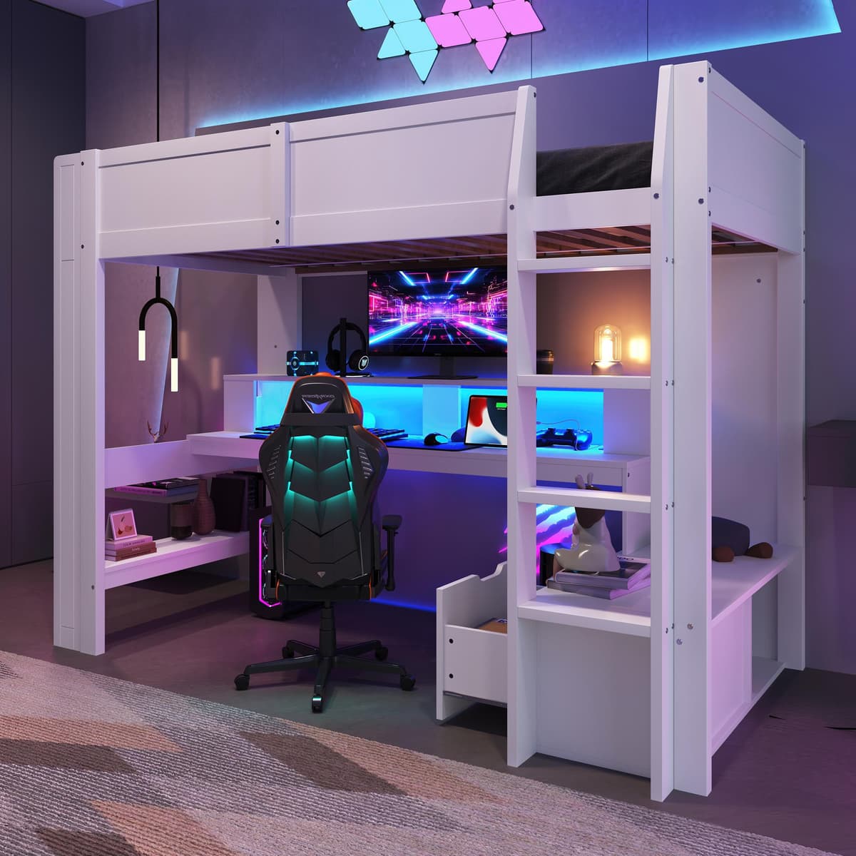 Hochbett 90x200 cm mit Schreibtisch, 16-Farben-LED, Regalen und Schublade, Geländer, Kiefernholz/MDF/Sperrholz, Weiß