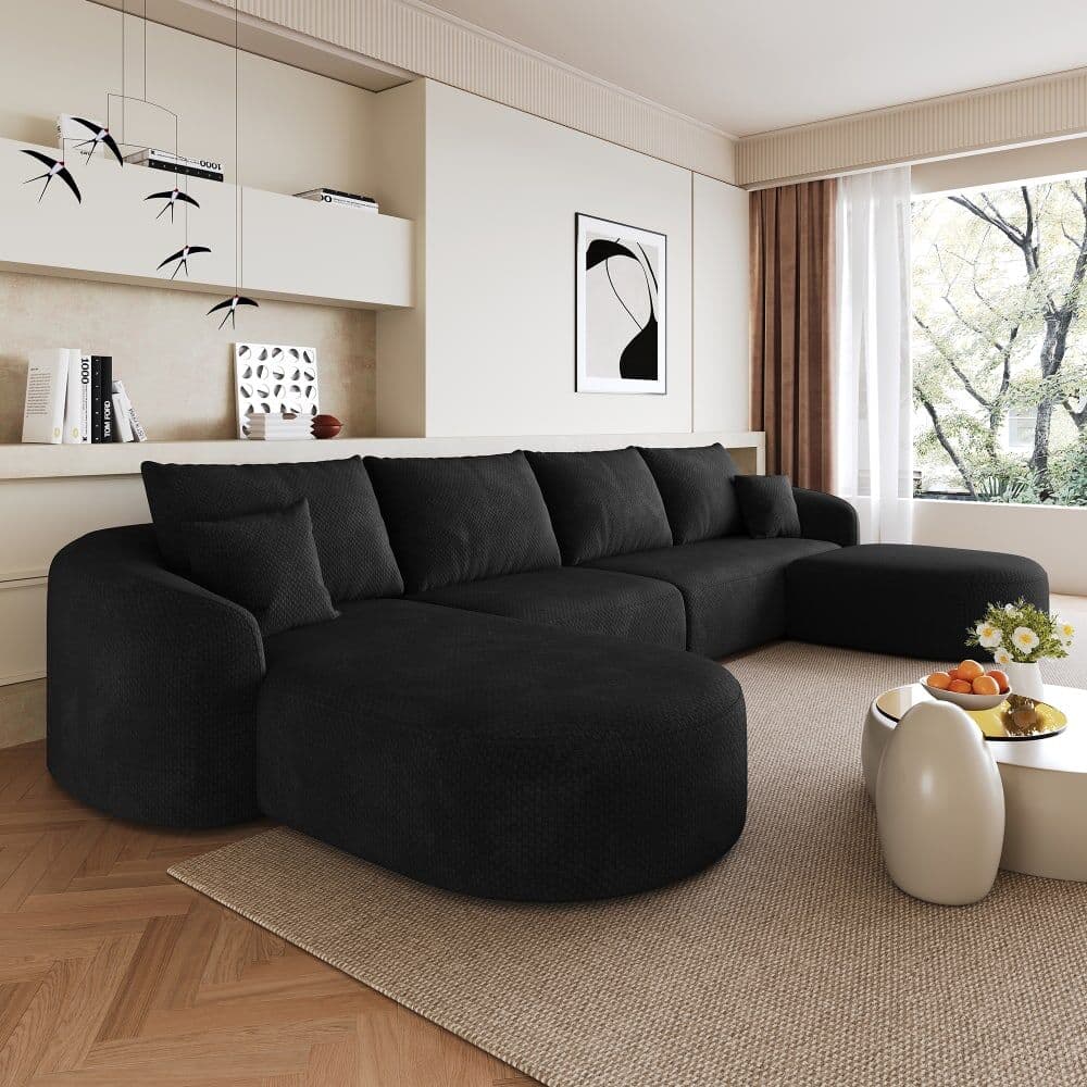 OKWISH Sofá modular comprimido en u negro de tejido suave 336 cm