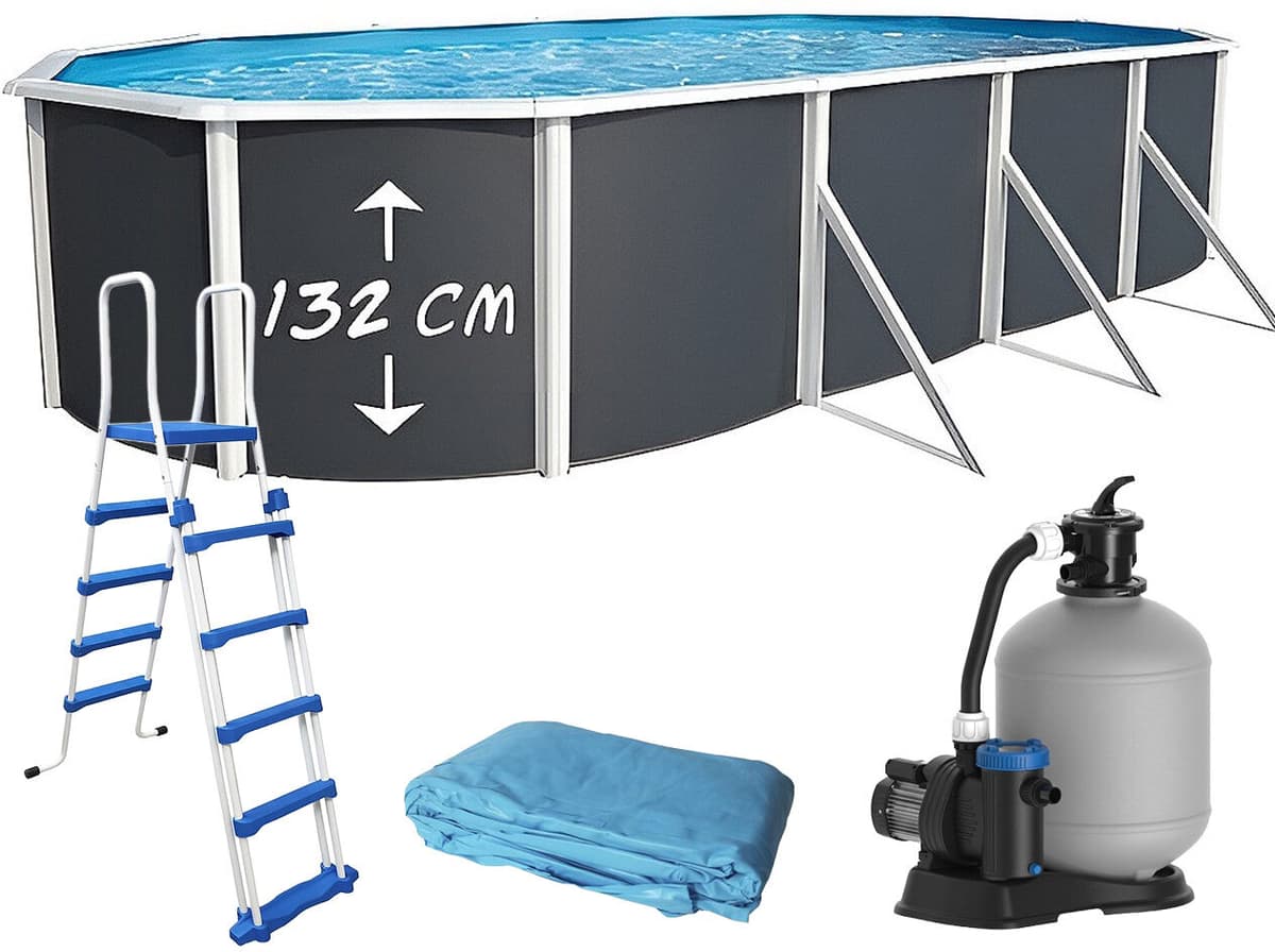 Piscine hors-sol acier Toi ANTHRACITE MAGNUM Secu ovale 730 x 366cm H 132cm liner bleu