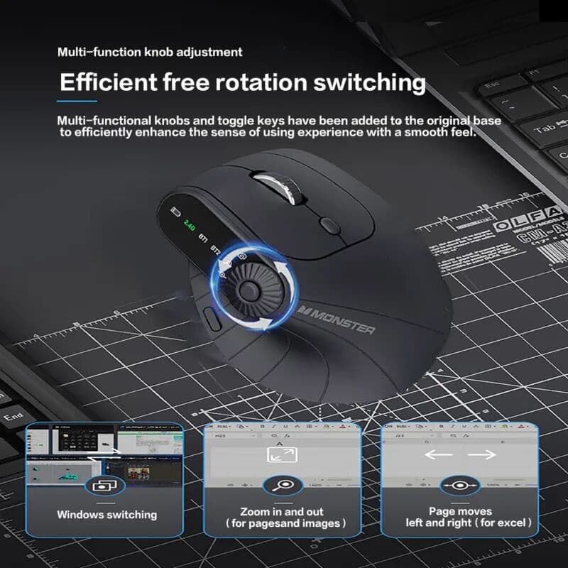 JOMAA Ergonomic Vertical Wireless Mouse With Function Adjustment Knob Bluetooth 2.4G Dual Mode Wireless Rechargeable Mouse for Desktop