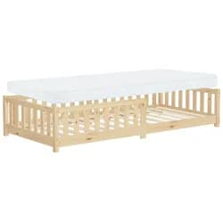 ML-Design Kinderbett 90x200 Natur mit Matratze 10cm, Bodenbett aus Kiefernholz mit Lattenrost & Rausfallschutz, Holzbett Babybett