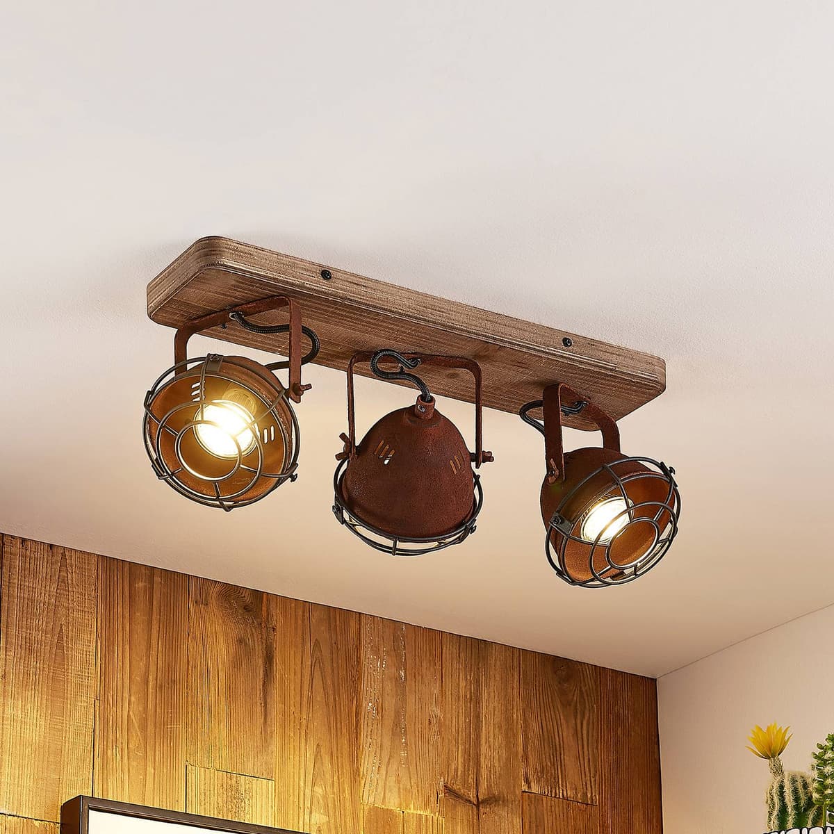 Lindby downlight Farovi, rust, 45 cm, 3-bulb, wood, GU10 Farovi Lindby, dimmable, Brown / rust, Living / Dining Room, Wood, Industrial Design, Ceiling Light